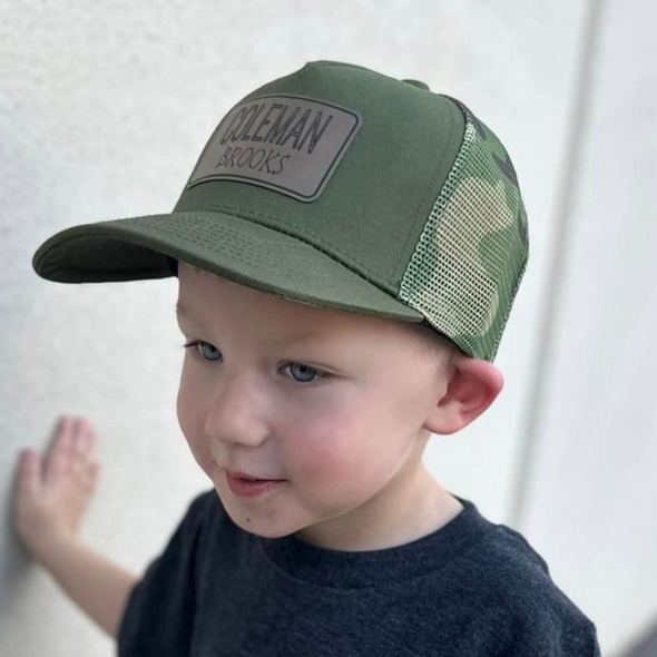 Green Camo Custom Snapback Hat | Olive green trucker hat with a green and brown camo mesh back. Make it your own with a custom patch! | LB Threads