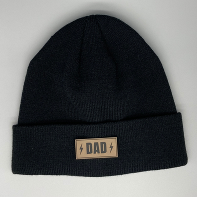 Shop online for beanies and snapback hats from LB Threads for babies, toddlers, kids and adults. Photo shows our Rad Dad Beanie, a warm, soft, black, tan or cream acrylic beanie with a colored leather Dad patch.