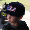 LB Threads USA hat, a black classic snapback hat for baby, toddler, kid with USA printed on front panel
