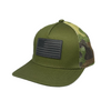 Coleman Green Camo Snapback Hat | Green trucker hat with a camo mesh back and a dark grey American flag patch on the front | LB Threads