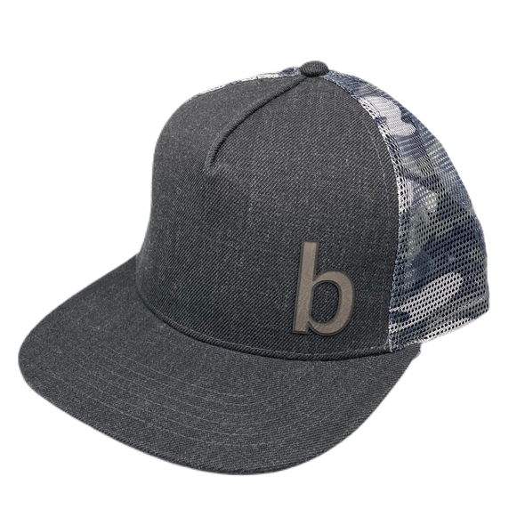 Grey Camo Custom Snapback Hat | Brushed grey trucker hat with a grey and white camo mesh back. Make it your own with a custom patch! | LB Threads