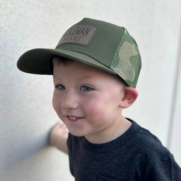 Green Camo Custom Snapback Hat | Olive green trucker hat with a green and brown camo mesh back. Make it your own with a custom patch! | LB Threads