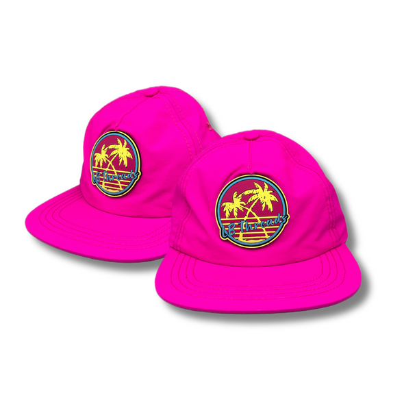 Neon Pink Swim Snapback Hat | Neon pink UPF50 nylon swim hat with a yellow, blue and pink LB Threads palm tree patch on the front | LB Threads