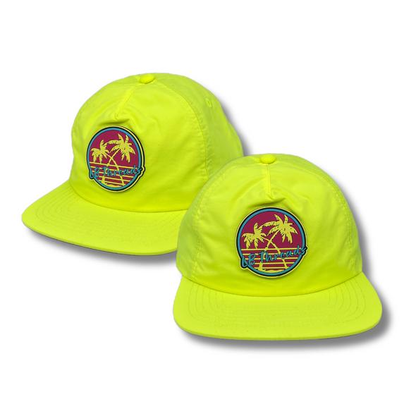 Neon Yellow Swim Snapback Hat | Neon yellow UPF50 nylon swim hat with a yellow, blue and pink LB Threads palm tree patch on the front | LB Threads