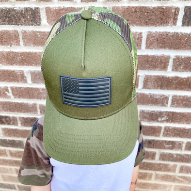 Coleman Green Camo Snapback Hat | Green trucker hat with a camo mesh back and a dark grey American flag patch on the front | LB Threads