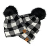 White Buffalo Plaid Pom Beanies for babies, toddlers, kids and adults | Warm, cozy, fleece-lined beanie in a white buffalo plaid pattern for cold winter weather with a black faux-fur pom | LB Threads