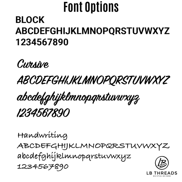 LB Threads Font Options for Beanies | Block, Cursive or Handwriting