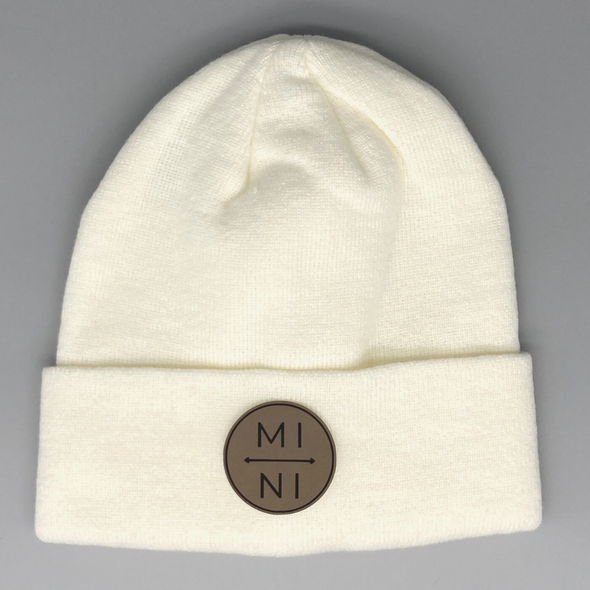 Shop online for beanies and snapback hats from LB Threads for babies, toddlers, kids and adults. Photo shows our Mini Beanie, a warm, soft, black, tan or cream acrylic beanie with a colored leather Mini patch.