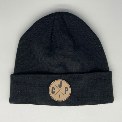 Shop online for beanies and snapback hats from LB Threads for babies, toddlers, kids and adults. Photo shows our Rad Initials CUSTOM Beanie, a warm, soft, black, cream or tan acrylic beanie with a colored leather engraved custom initials patch with a lightning bolt or snowflake icon.