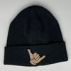 Shop online for beanies and snapback hats from LB Threads for babies, toddlers, kids and adults. Photo shows our Shaka Beanie, a warm, soft, black, tan or cream acrylic beanie with a colored leather shaka patch.