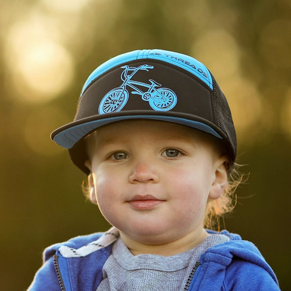 LB Threads BMX, a 7-panel snapback trucker hat for baby, toddler, kid, BMX riders