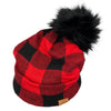 Red Buffalo Plaid Pom Beanie for babies, toddlers, kids and adults | Warm, cozy, fleece-lined beanie in a red buffalo plaid pattern for cold winter weather with a black faux-fur pom | LB Threads