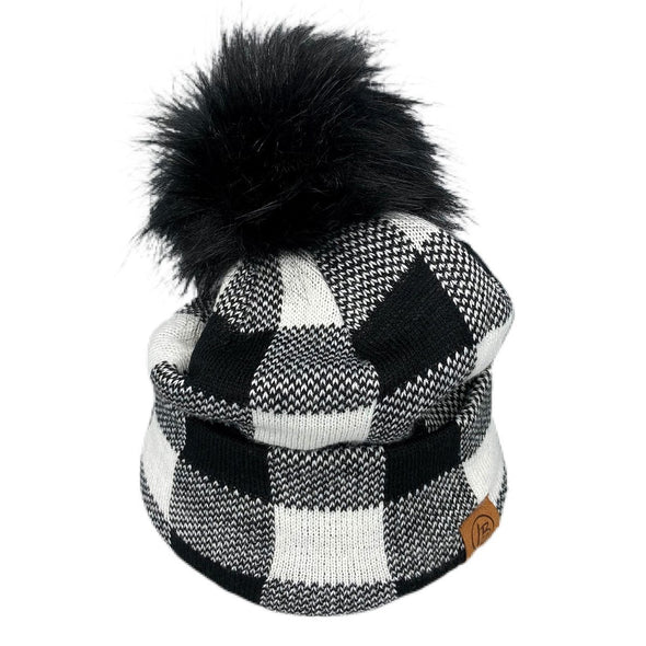 White Buffalo Plaid Pom Beanie for babies, toddlers, kids and adults | Warm, cozy, fleece-lined beanie in a white buffalo plaid pattern for cold winter weather with a black faux-fur pom | LB Threads