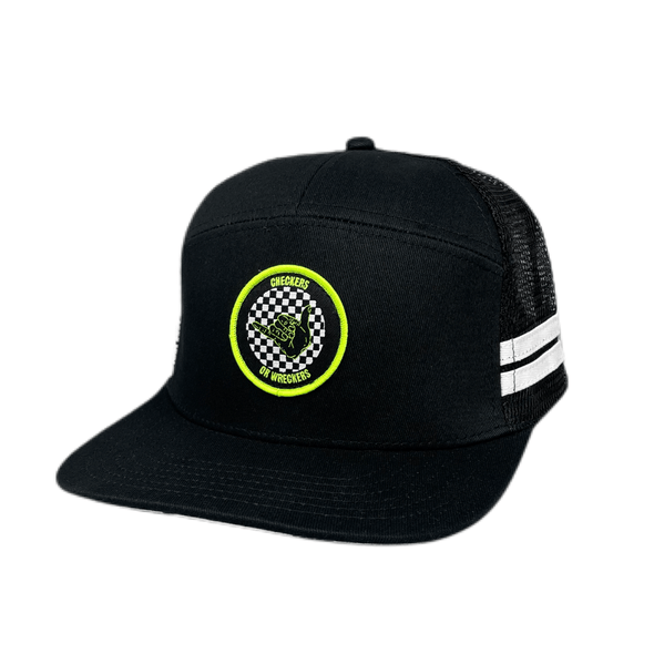 Otto Checkers or Wreckers Snapback Hat | The raddest checkered hat you’ve ever seen is a black 7-panel, cotton hat with a mesh back and features two white stripes on the side, a checkered pattern under the brim, and a "Checkers or Wreckers" patch with a shaka and a pop of neon | LB Threads