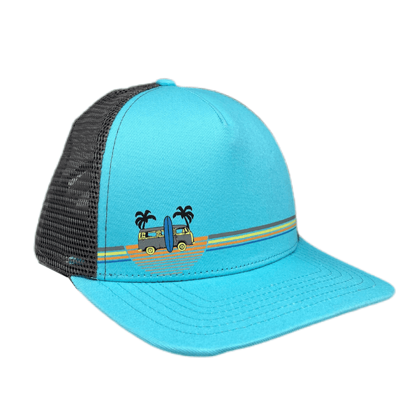 Mason Pura Vida Snapback Hat | Sky blue and gray trucker hat with retro stripes, rad van, surfboard and palm trees, so it’s perfect for the beach | LB Threads